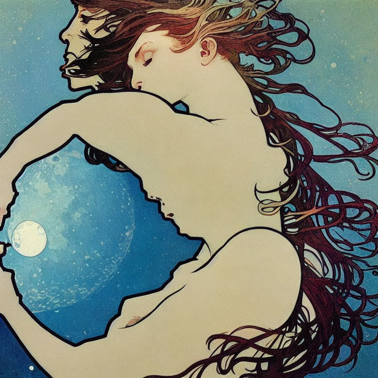 Art Nouveau Female Figure Illustration in Moonlit Night Sky