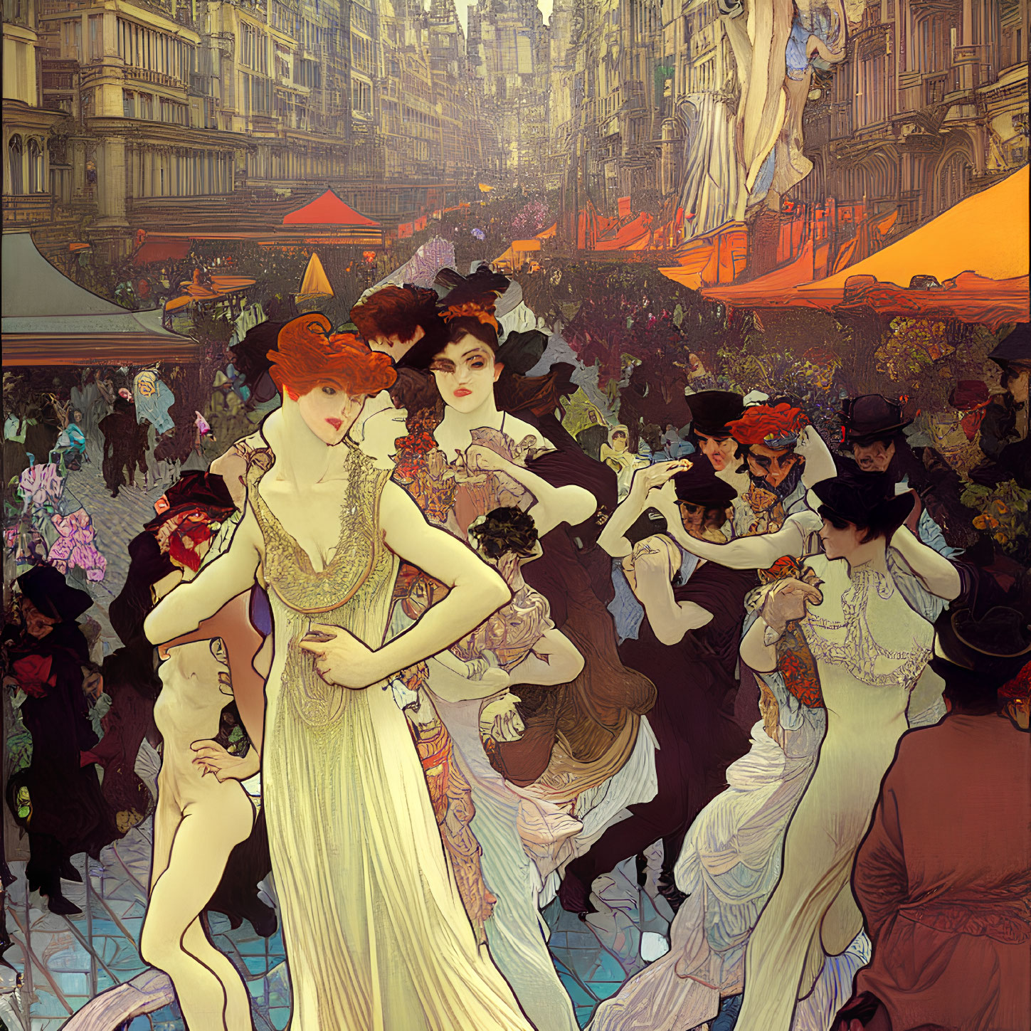 Art Nouveau illustration of elegant women in flowing gowns amidst a bustling city scene