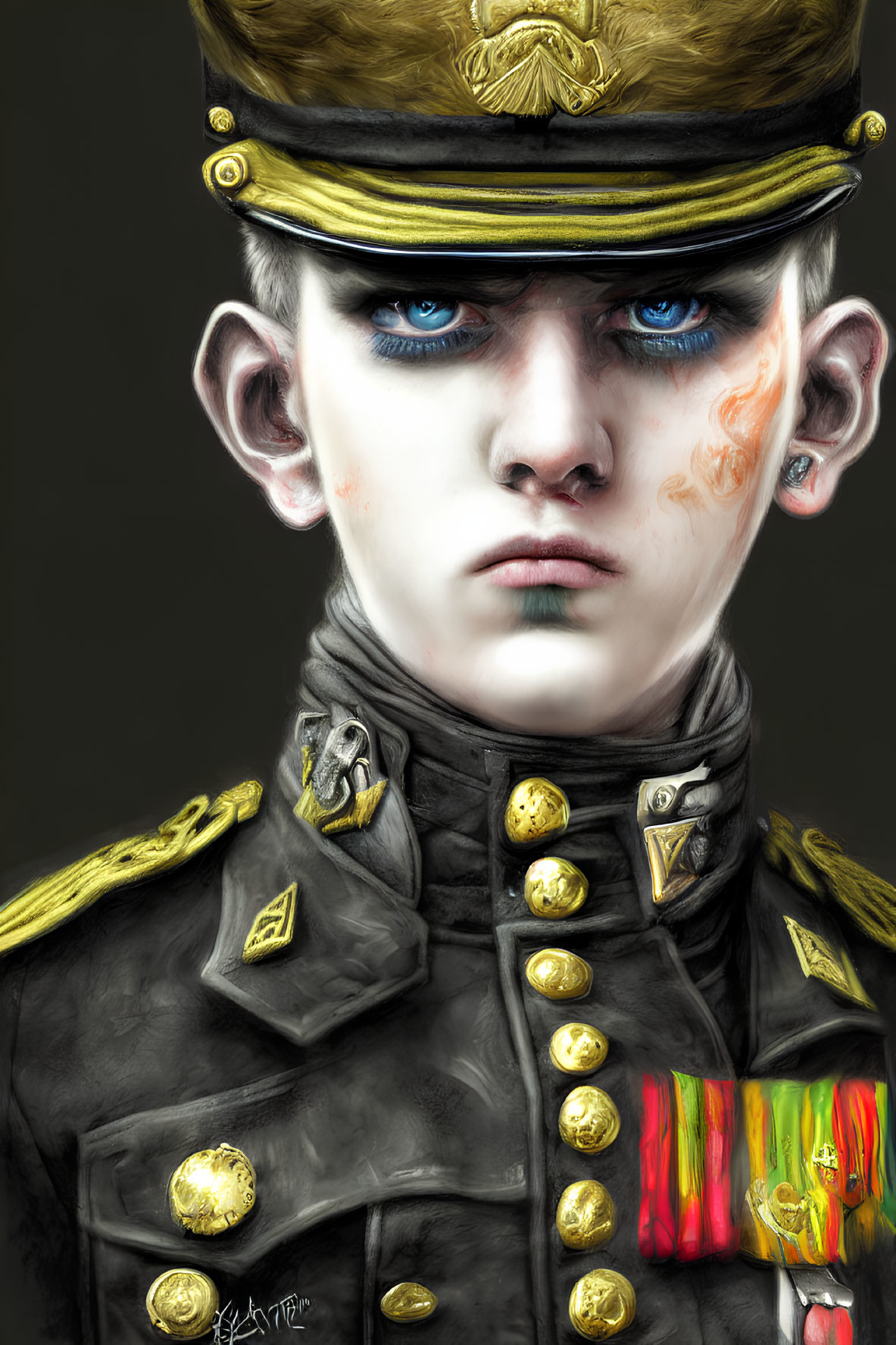 Digital Artwork of Person in Military Uniform with Medals and Blue Eyes