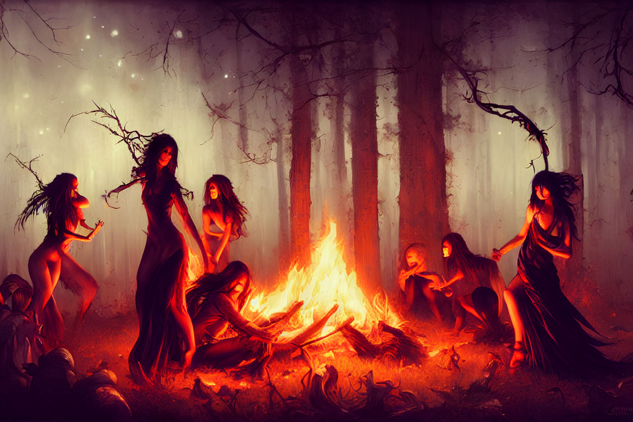 Ethereal women dancing around fiery bonfire in mystical forest