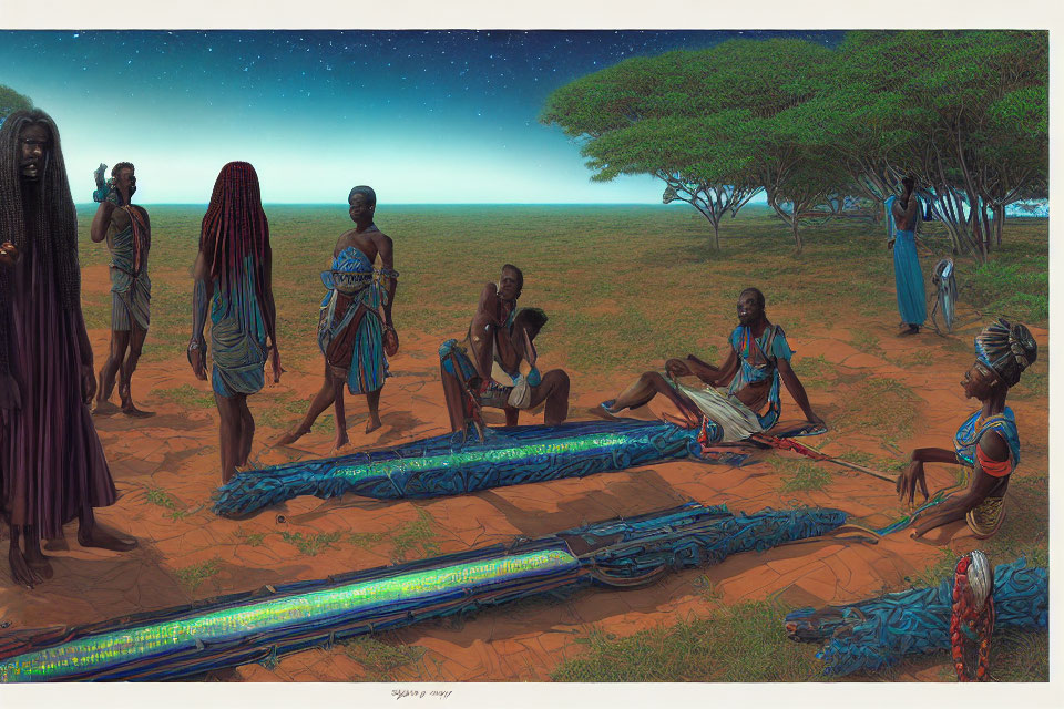 Digital painting of people in traditional clothing in grassland with acacia trees