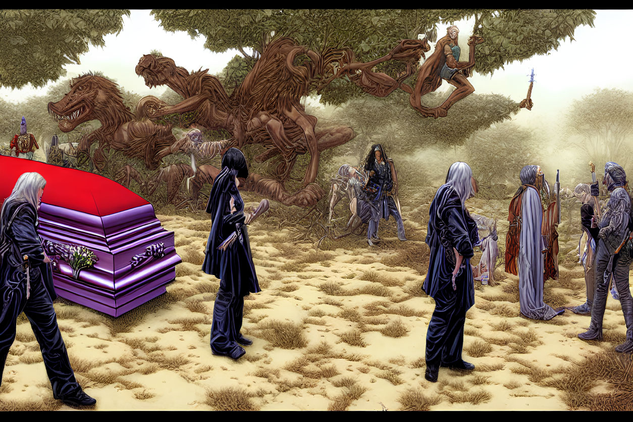 Fantasy artwork: Cloaked figures with unique weapons around red casket in desolate landscape