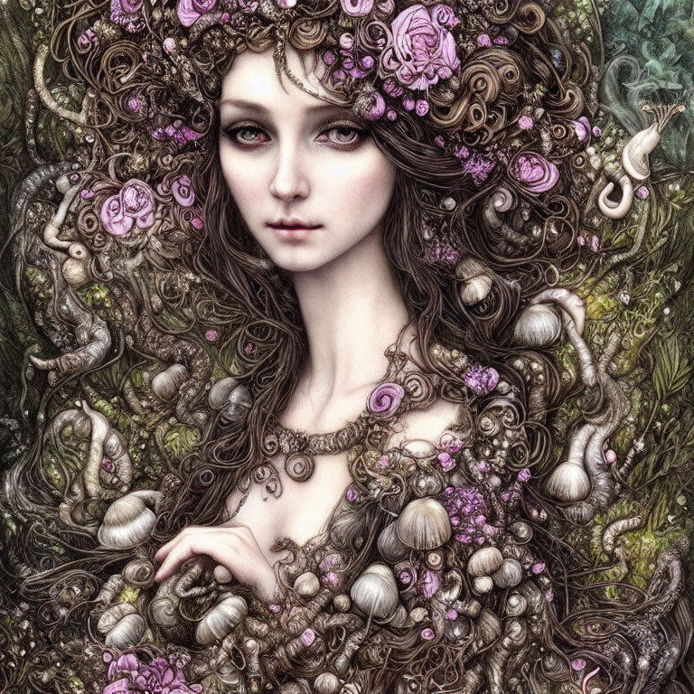 Fantasy illustration: Woman with flowing hair, vines, flowers, snails in nature backdrop