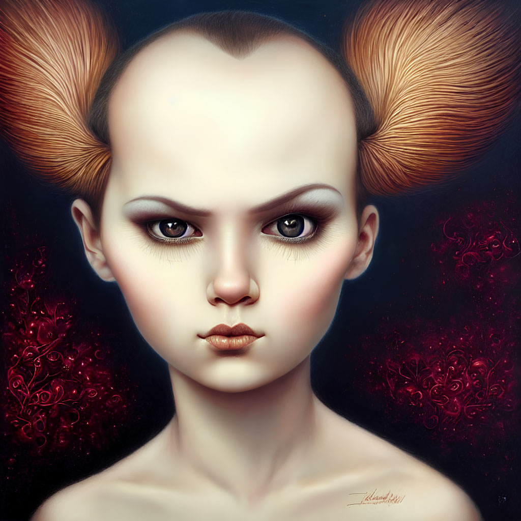 Surreal portrait of person with Mickey Mouse-like hair and intense eyes