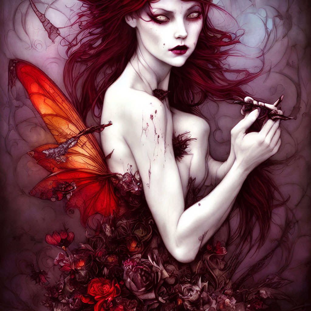 Vibrant red-haired fairy surrounded by roses and butterfly wings.