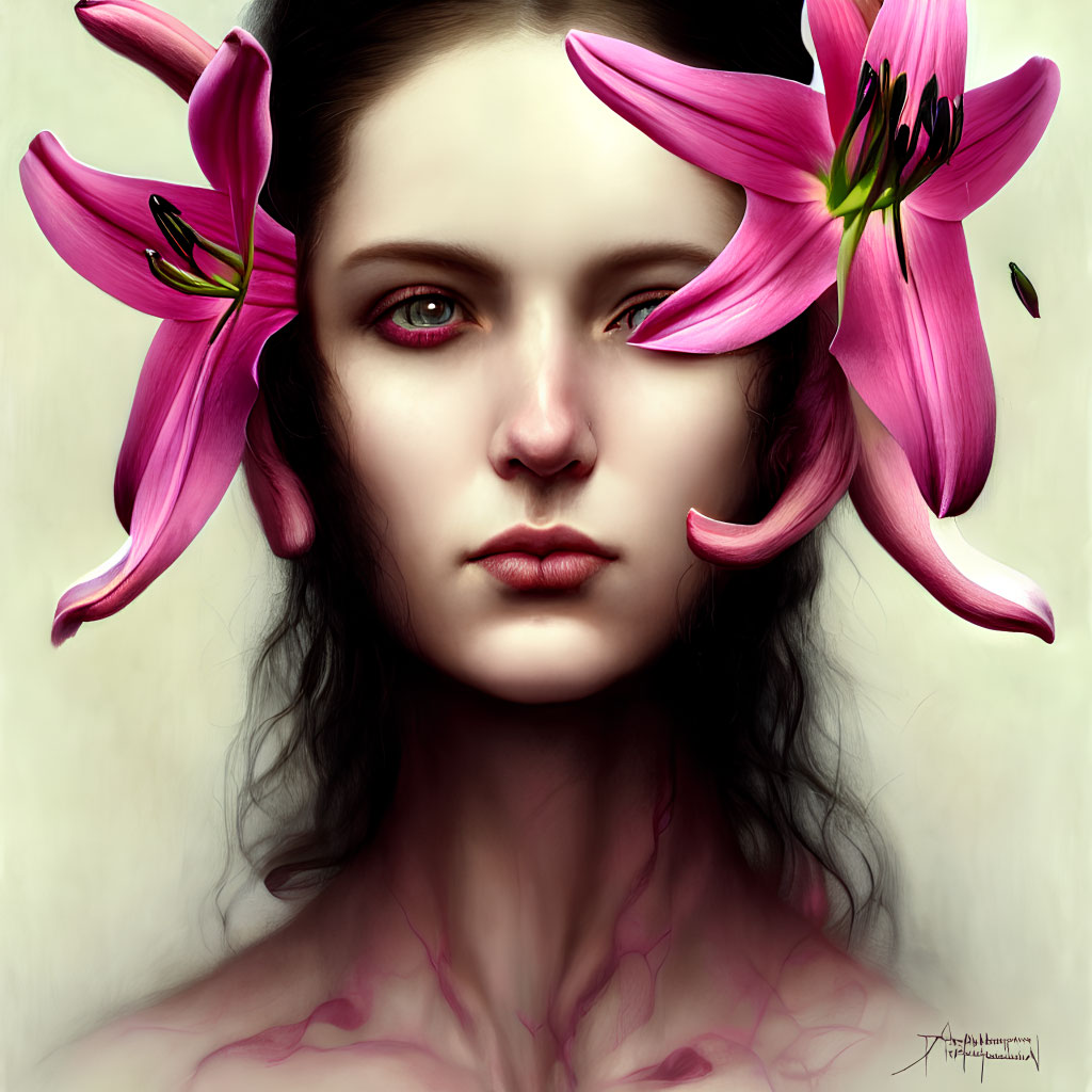 Symmetrical woman portrait with dark hair and pink lilies