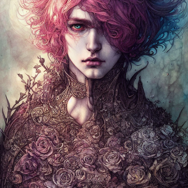 Illustration of person with pink wavy hair, vibrant green eye, and ornate floral garment