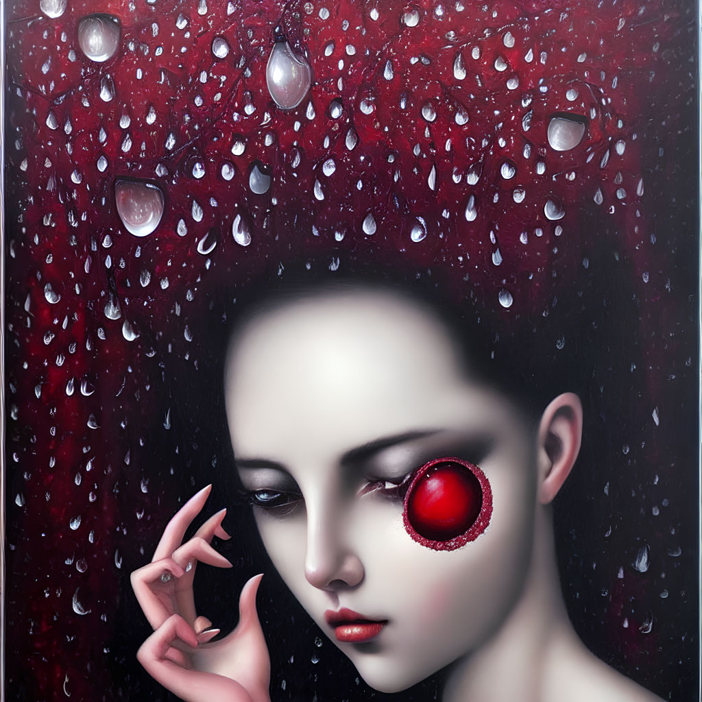 Surreal portrait of female figure with oversized red eye and water droplets on dark red hair