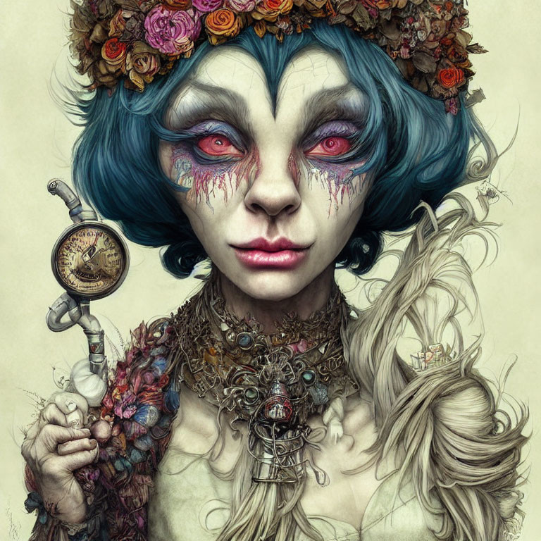 Fantastical female figure with blue hair and floral crown holding a pocket watch