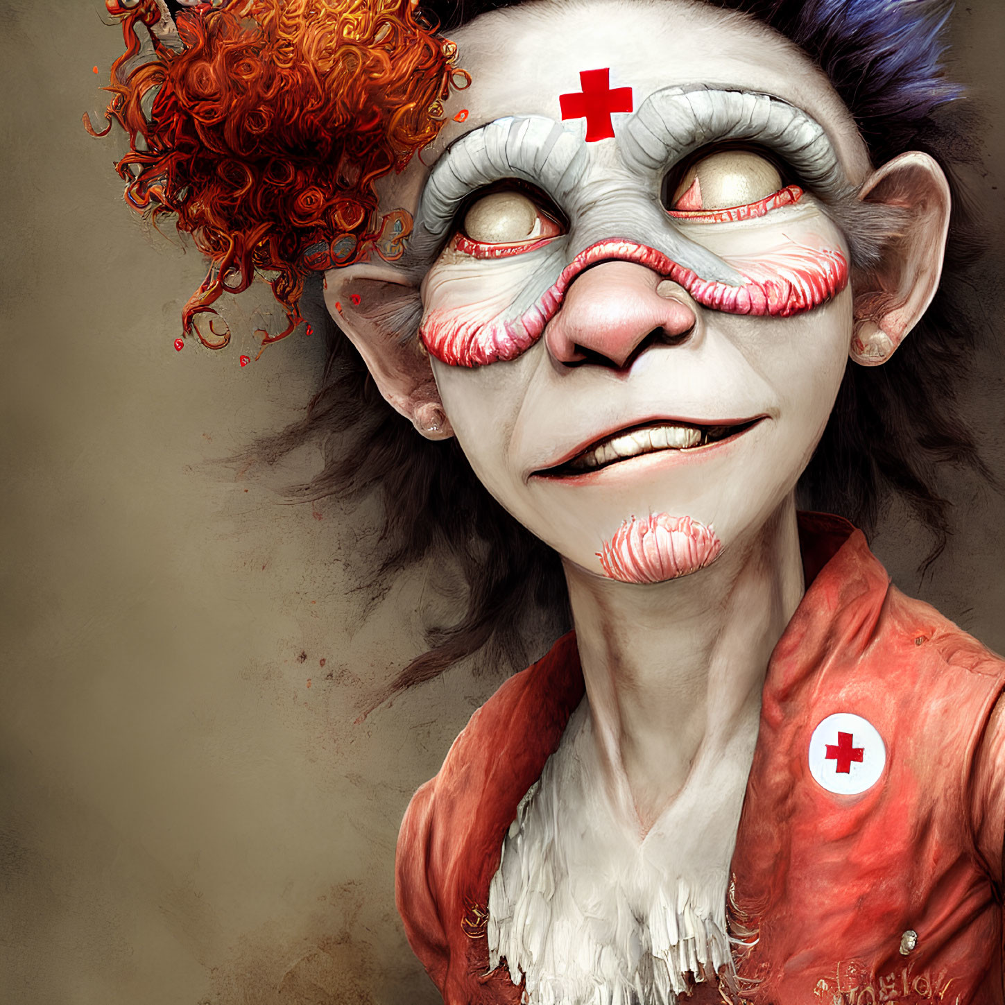 Whimsical creature in nurse-like attire with red curly hair and playful expression