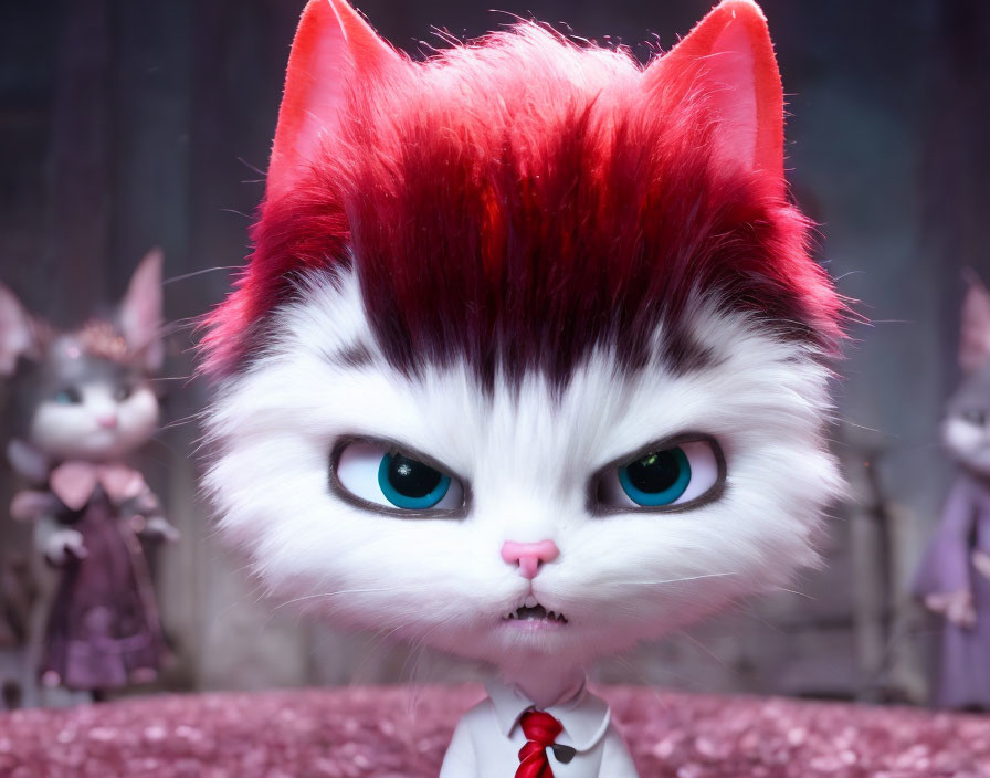 White Cat with Red Mohawk and Blue Eyes in Tie, Two Cats in Background