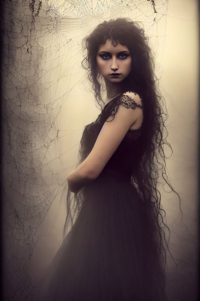 Woman in dark dress against gothic spiderweb background with intense eyes and lace shoulders.