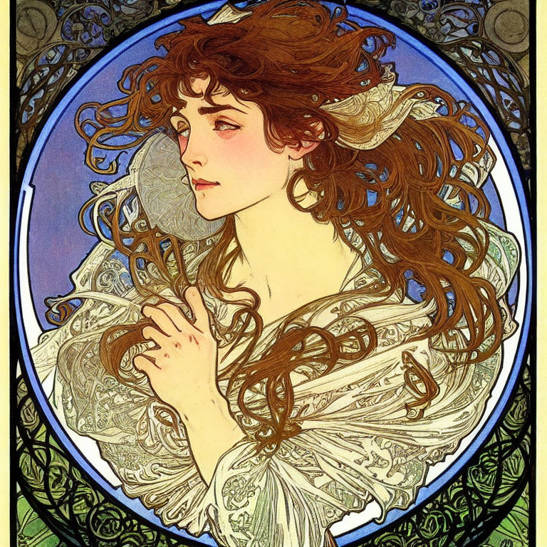 Art Nouveau Style Portrait of Woman with Flowing Hair and Elaborate Dress