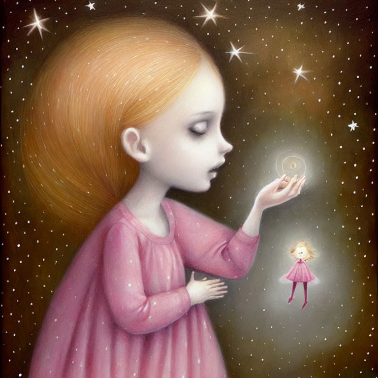 Surreal illustration of girl holding luminous figure in cosmic setting