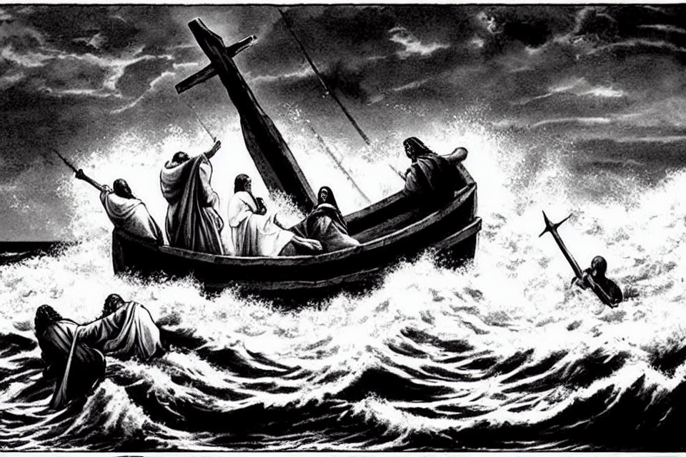 Monochrome illustration of robed figures in boat on tumultuous seas