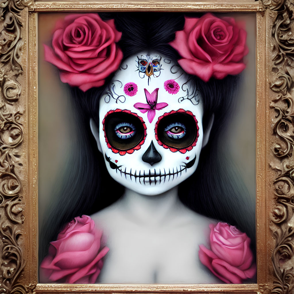 Person with Dia de los Muertos makeup: skull design, red roses, butterfly