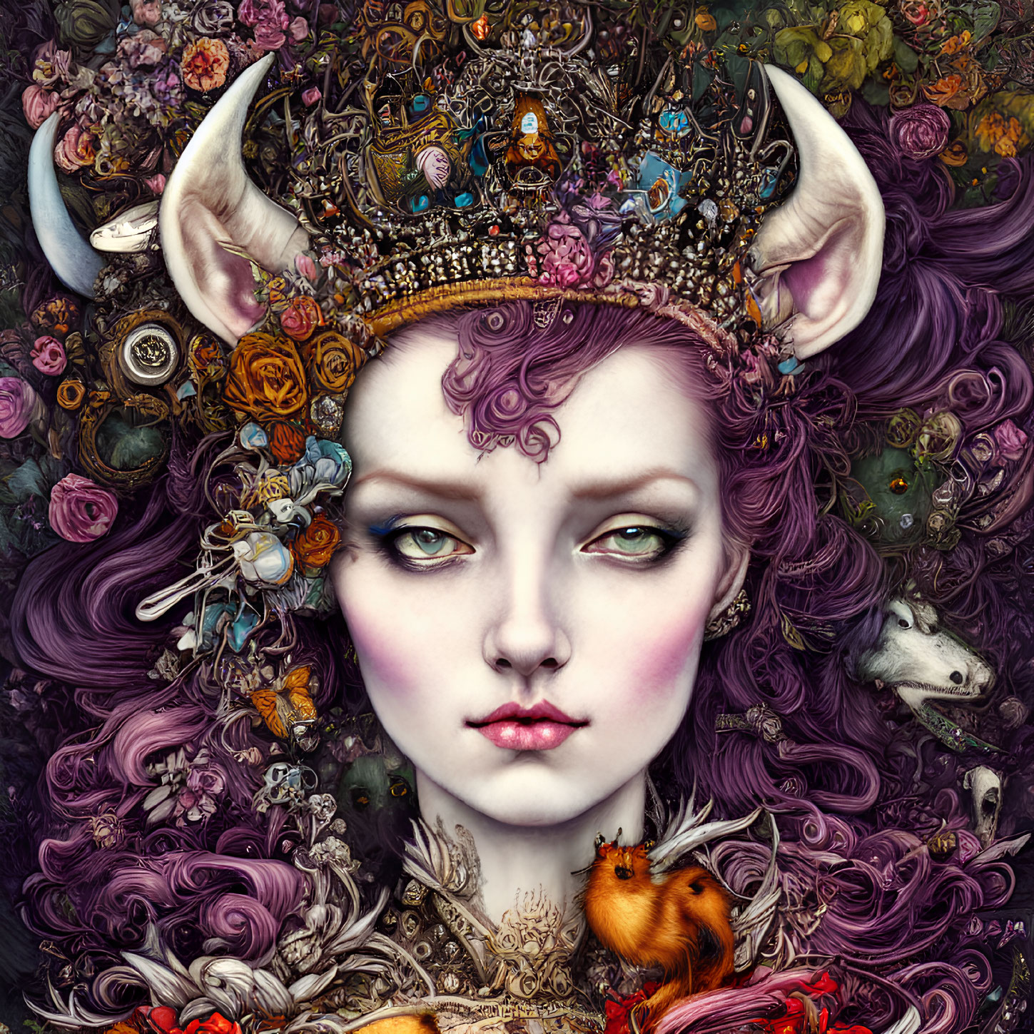 Fantastical female figure with purple hair and intricate crown among whimsical creatures and floral elements