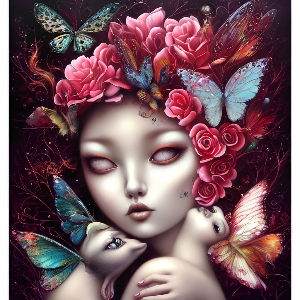 Surreal illustration: Woman's face with closed eyes, pink flowers, butterflies on dark background