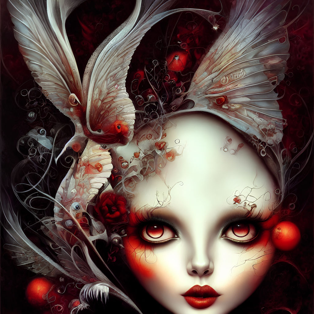 Surreal portrait of pale female figure with red eyes, white birds, red orbs, and floral