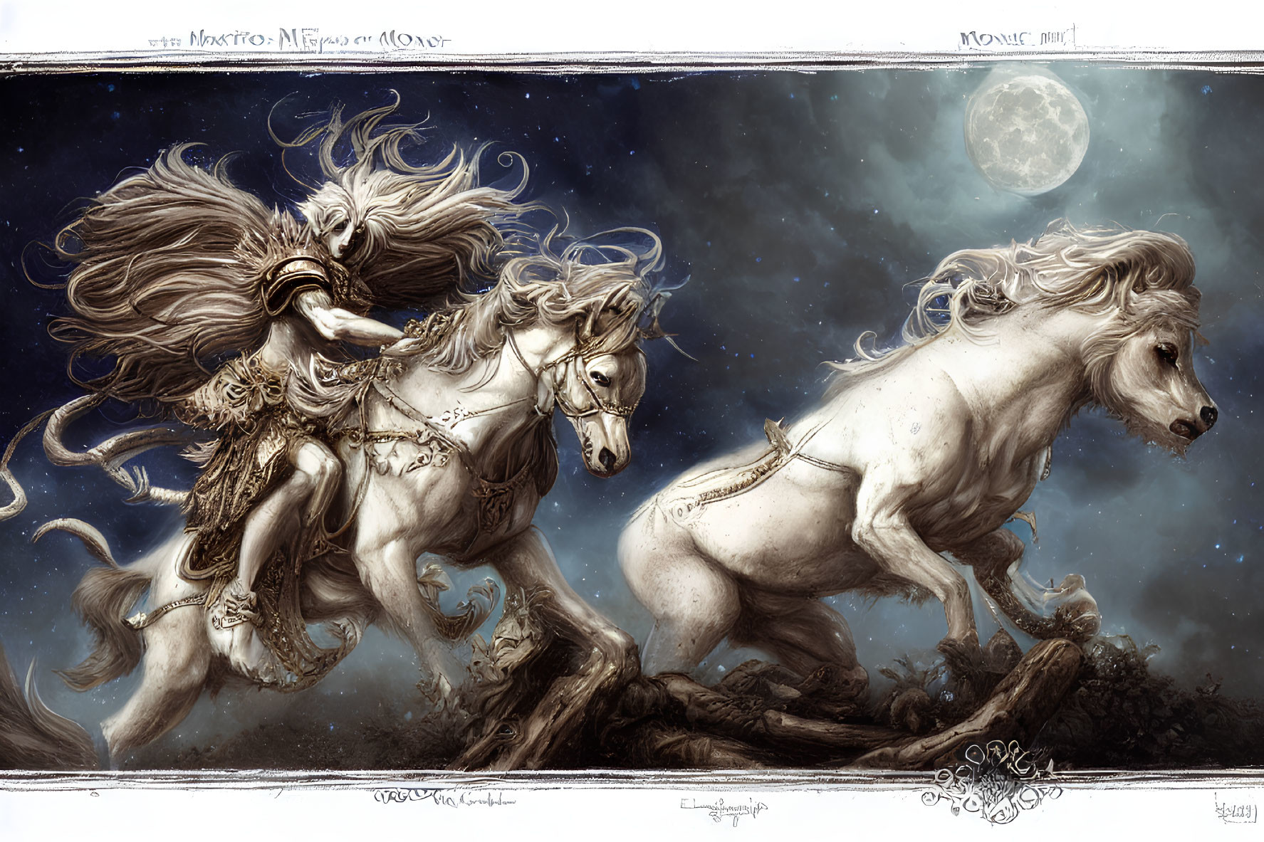 Majestic white horses in ornate harnesses gallop under full moon