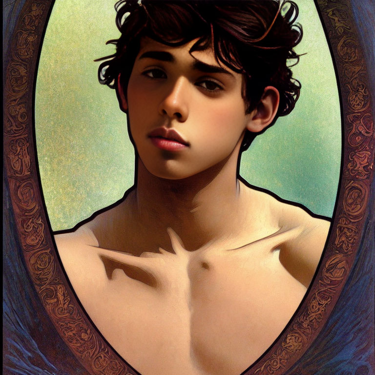 Young male portrait with wavy hair and thoughtful expression in ornate oval frame