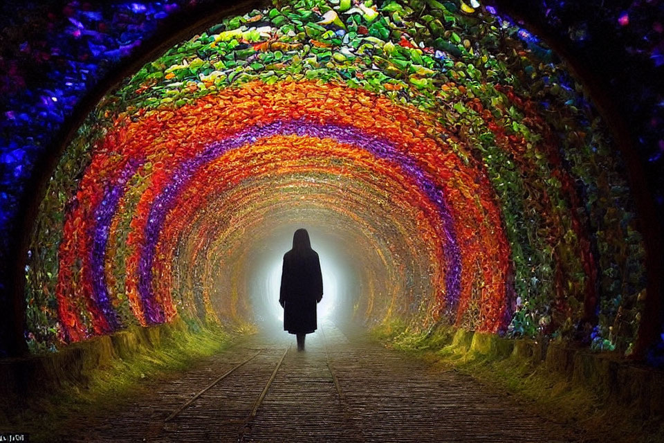 Colorful Tunnel with Foliage Canopy Ceiling and Glowing Exit