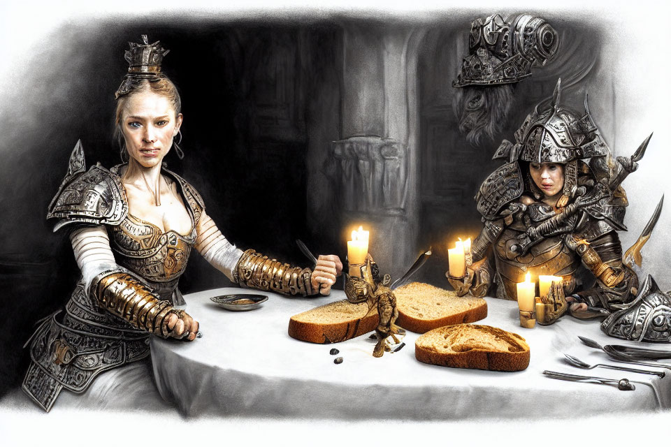 Medieval armored women at banquet table with candles, bread, and chess set