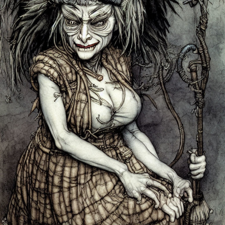 Illustration of Sinister Witch with Sharp Teeth and Staff