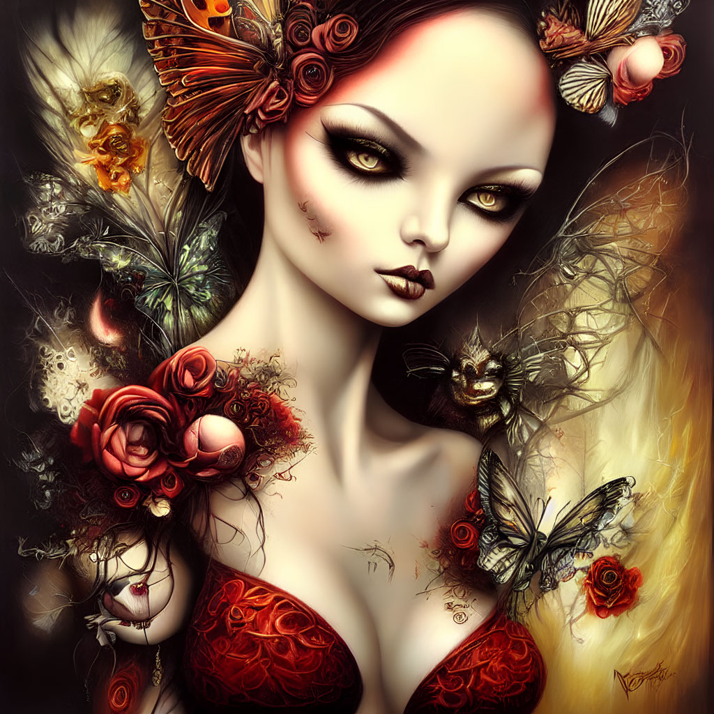 Mystical woman in dark and golden hues with roses, butterflies, and feathers