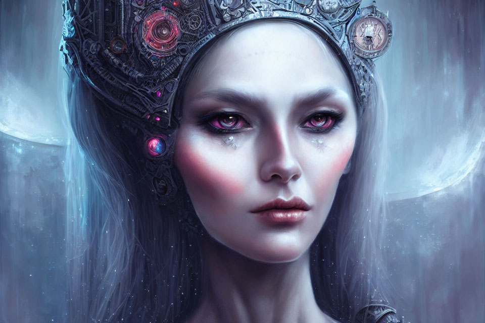 Digital Artwork: Pale-skinned Female with Pink Eyes and Mechanical Crown