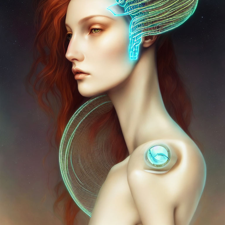 Red-haired woman in futuristic blue headpiece blending organic and cybernetic elements.