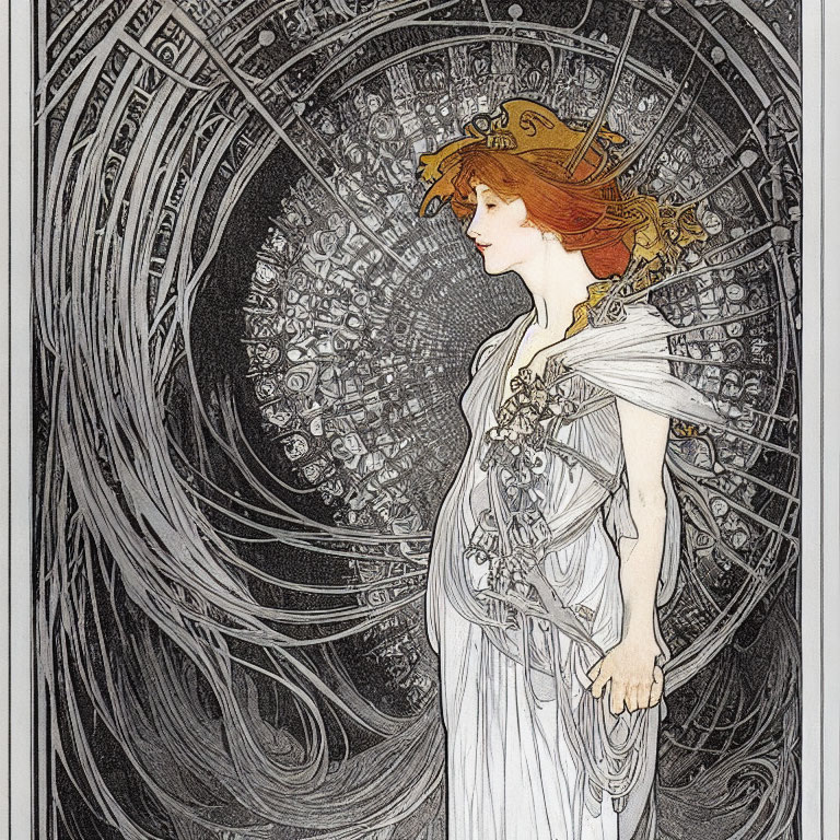 Art Nouveau illustration of woman in ornate white dress surrounded by intricate patterns