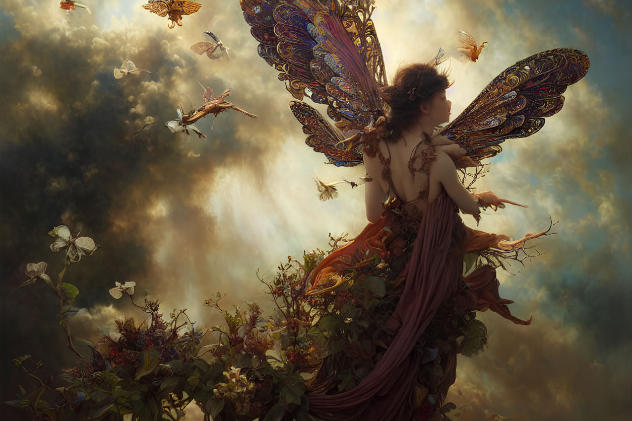 Winged figure surrounded by fairies and flowers under dramatic sky