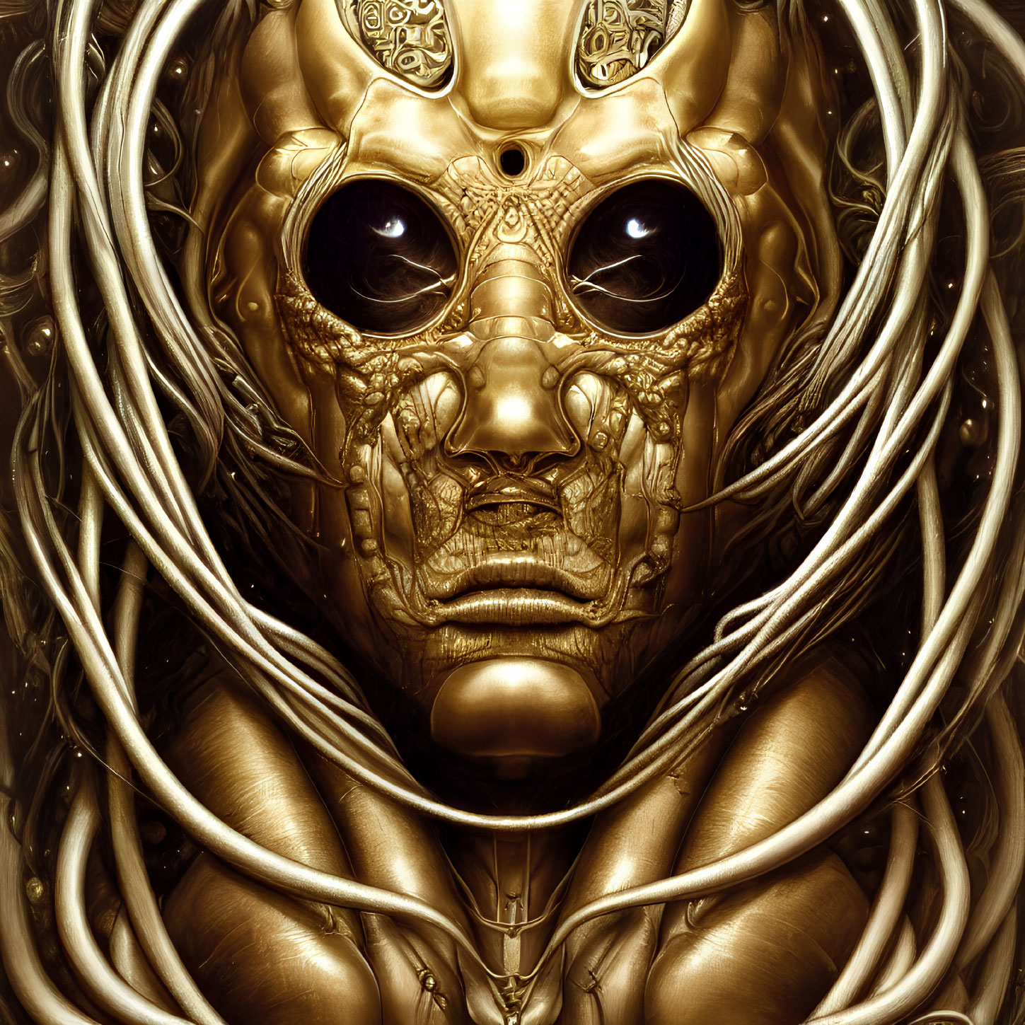 Detailed Golden Robotic Face with Black Eyes and Surrounding Cables