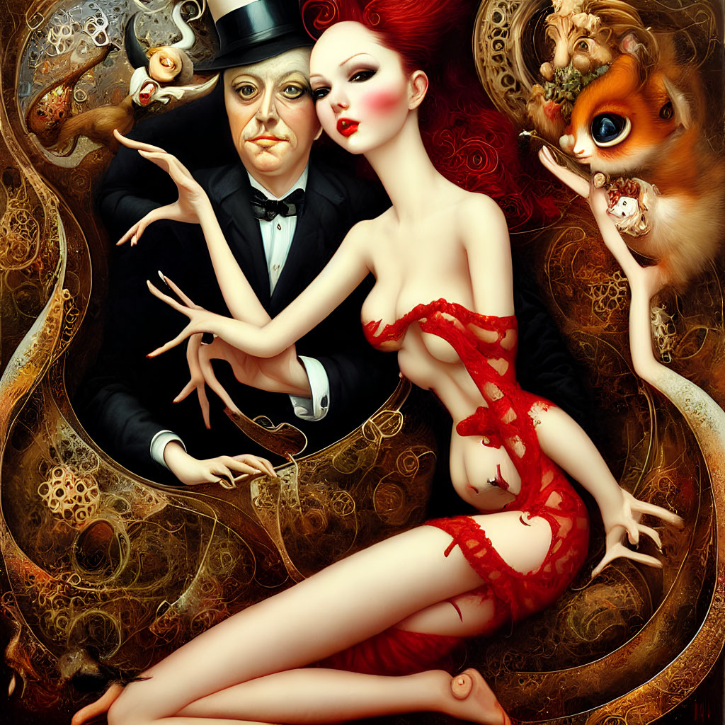 Surreal painting featuring man in top hat, red-haired woman, and whimsical squirrel