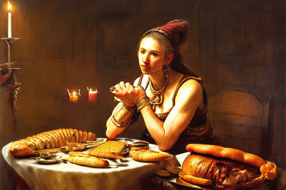 Historically dressed woman at table with bread, meat, and candles.