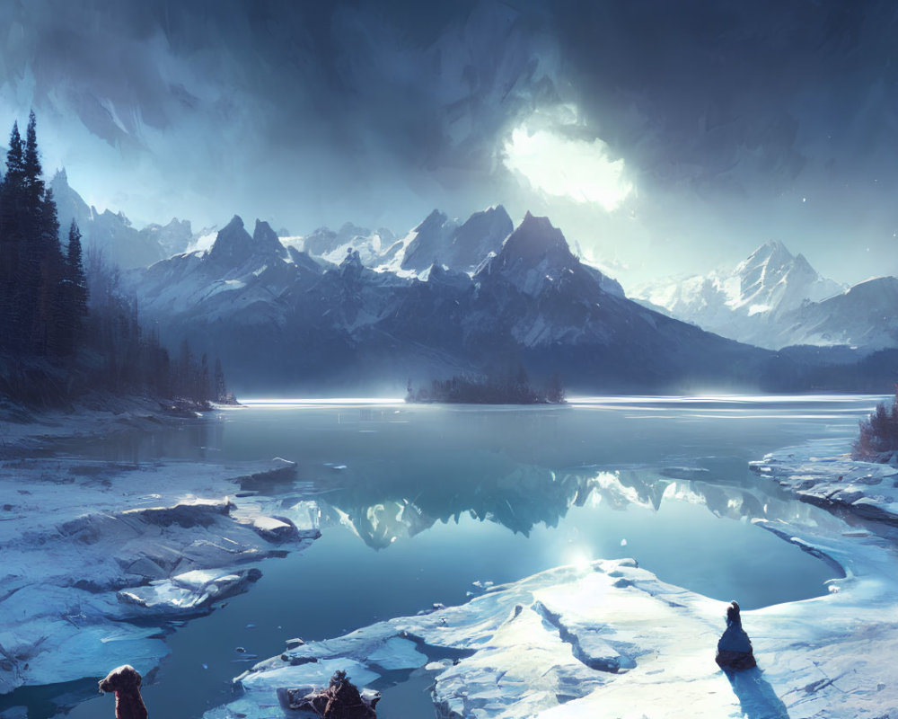 Winter landscape with figure on icy terrain overlooking serene lake at night