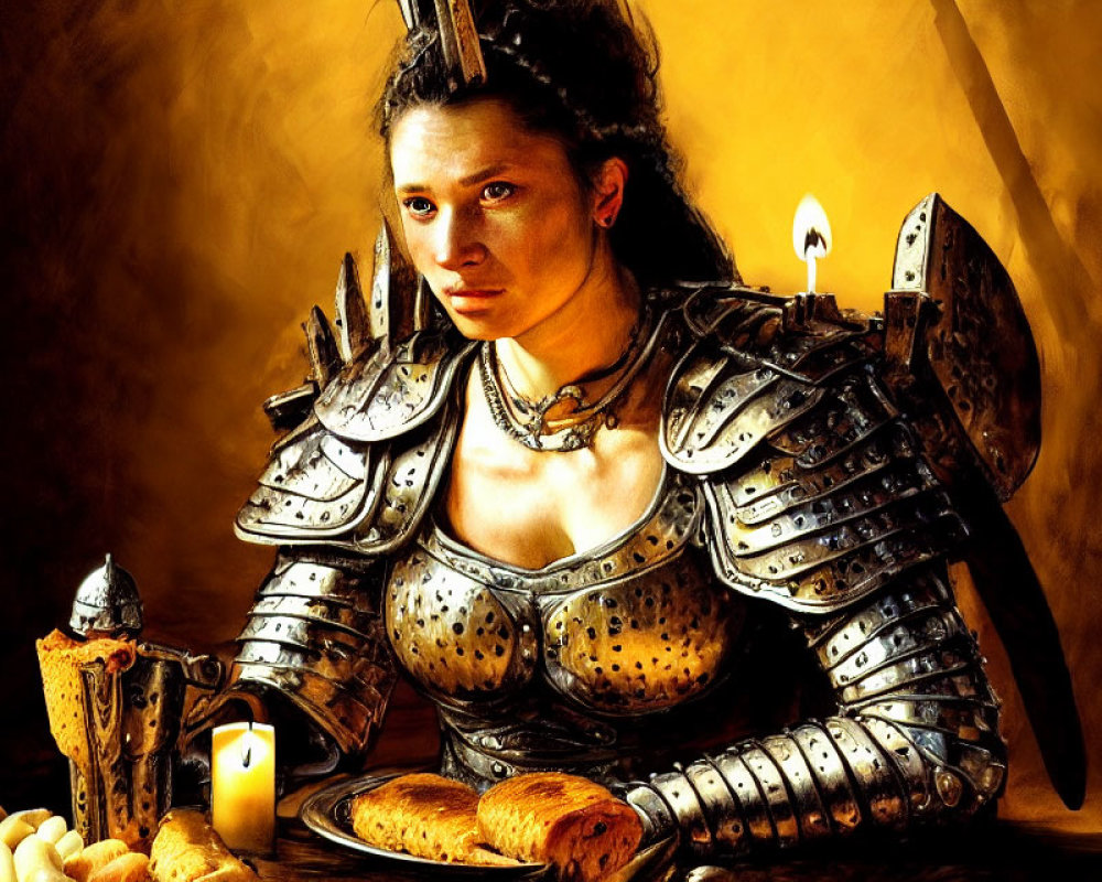 Medieval woman in armor with bread, candle, and helmet at table in powerful scene