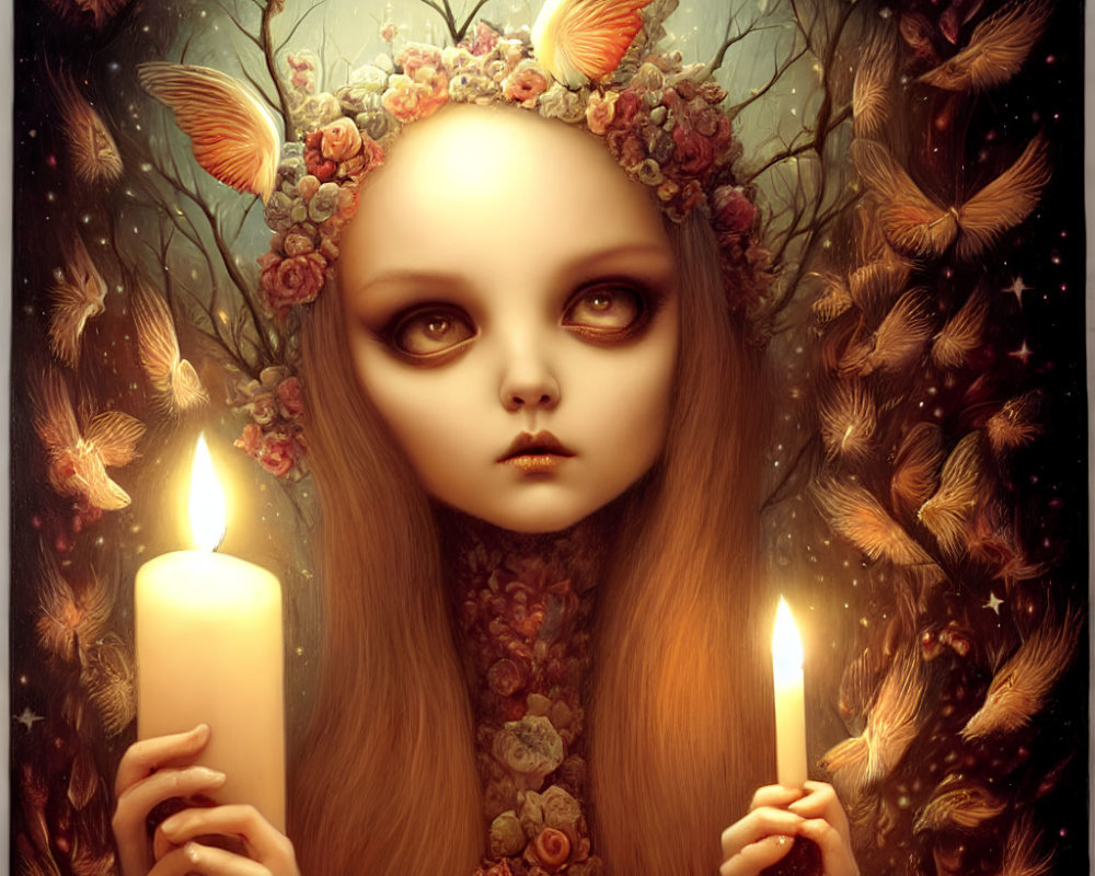 Surreal portrait of a girl with large eyes and fox ear headpiece holding lit candles in mystical