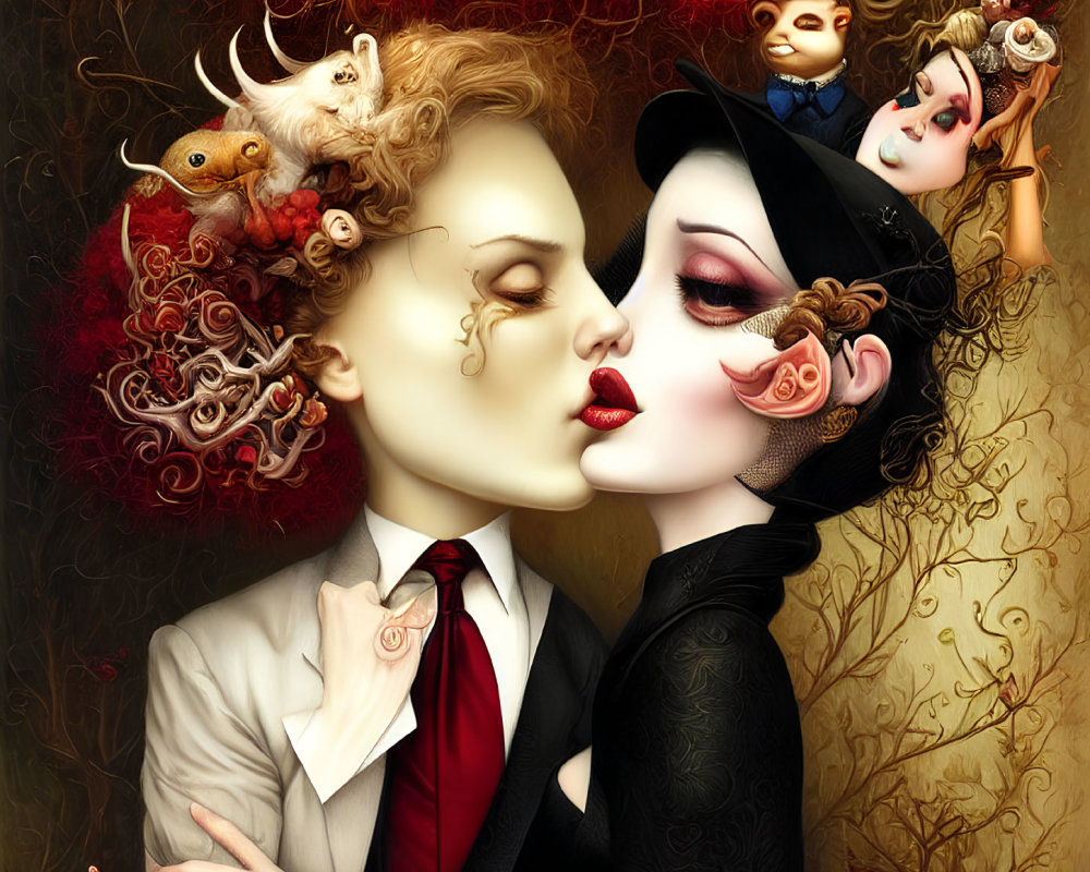 Surreal couple painting with intimate pose and surreal elements