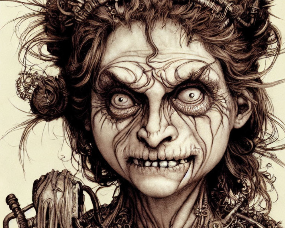 Detailed pencil drawing of sinister character with intricate designs, bulging eyes, sharp teeth, and mechanical hair