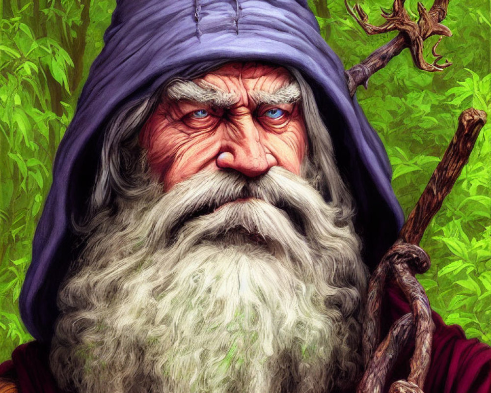 Elderly wizard with long white beard and blue attire