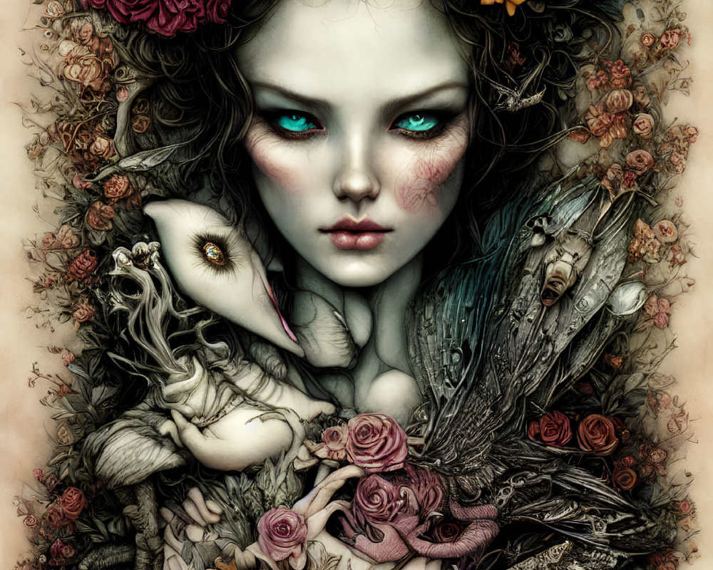 Pale woman with blue eyes in fantasy artwork with roses and fairy