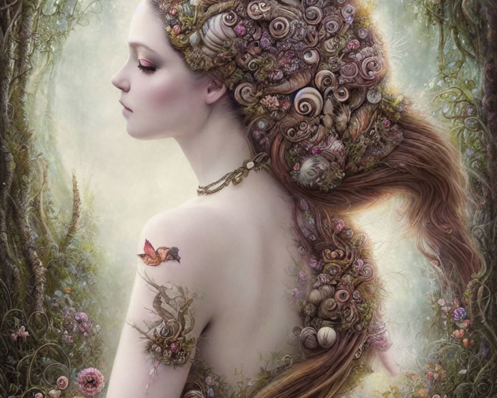 Fantasy illustration of woman with floral hair motifs in lush forest