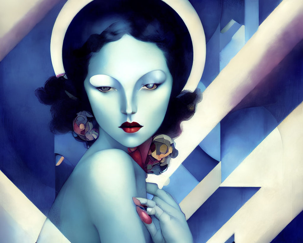 Woman with Pale Blue Skin and Geometric Shapes in Illustration