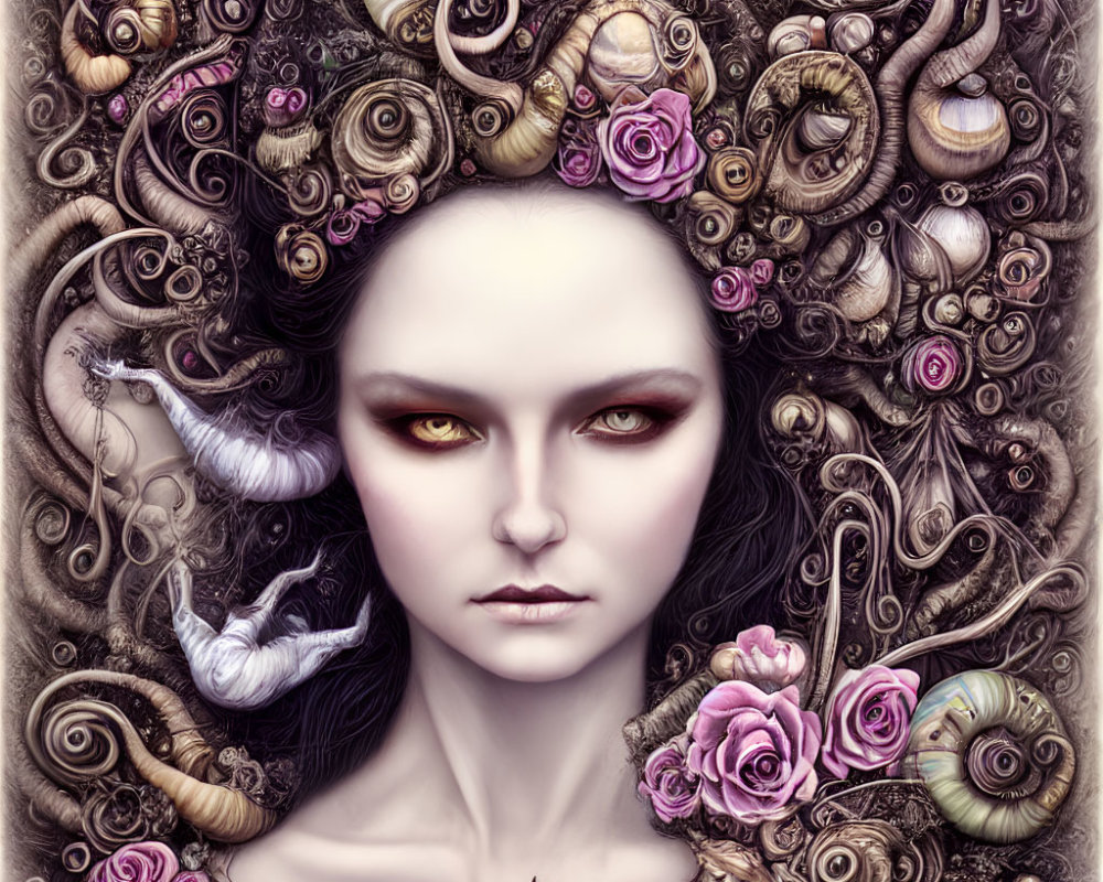 Detailed artwork of woman with pale skin, dark hair, yellow eyes, surrounded by serpents,