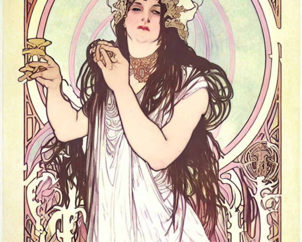 Art Nouveau style illustration of woman with flowing hair and candlelit hands.