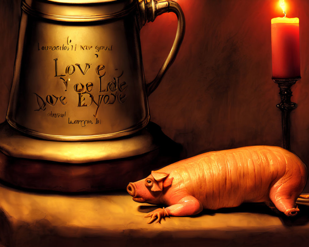 Sleepy piglet under lit candle and inscribed stein.