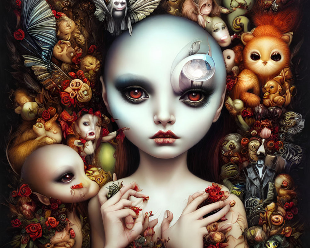 Surreal portrait with pale figure and fantastical creatures in dark tones