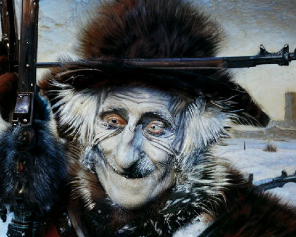 Traditional fur hat and coat wearer with face paint holding a rifle in snowy setting